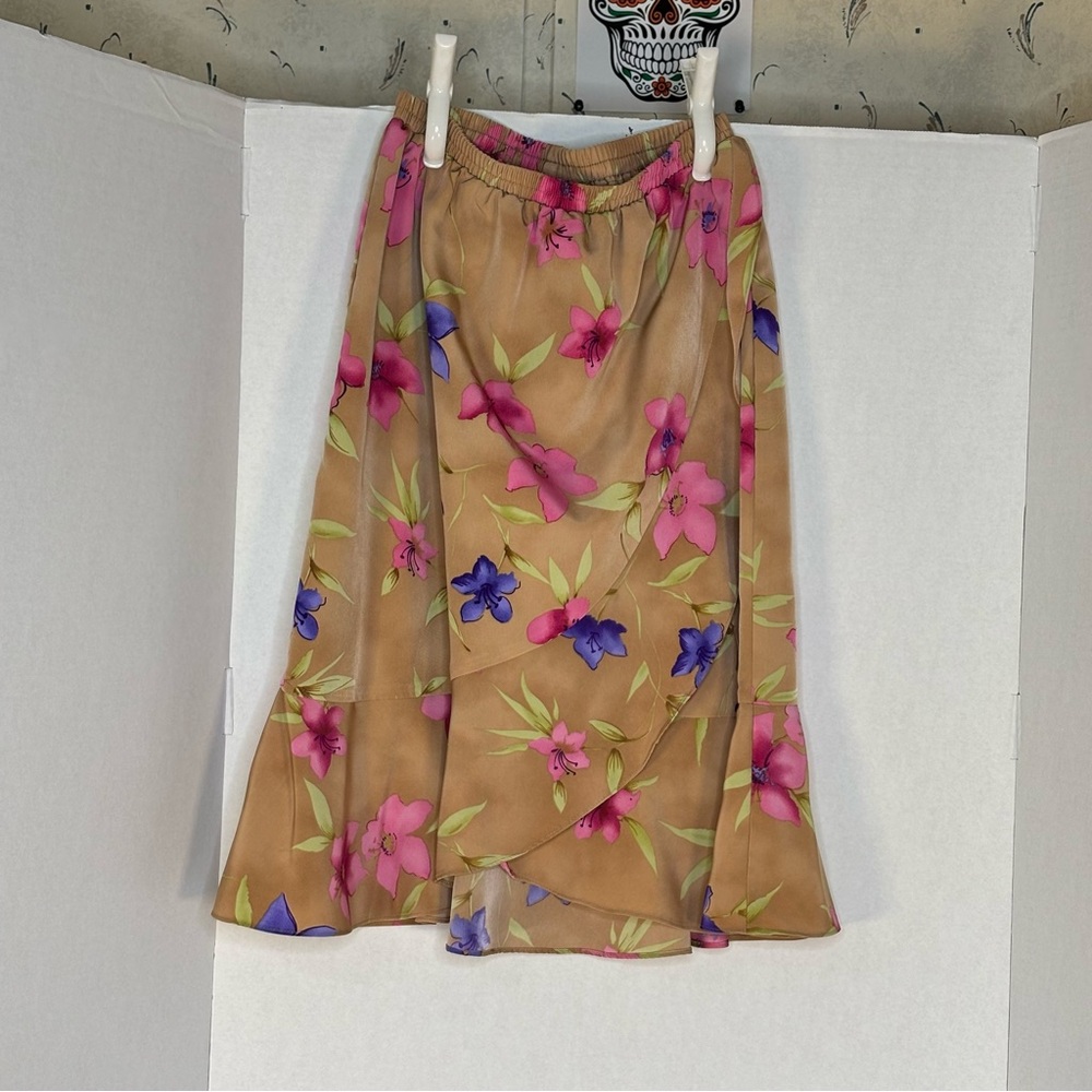MAGGIE SWEET- Tan Floral Midi Skirt with Pink & Purple Blooms Size Small